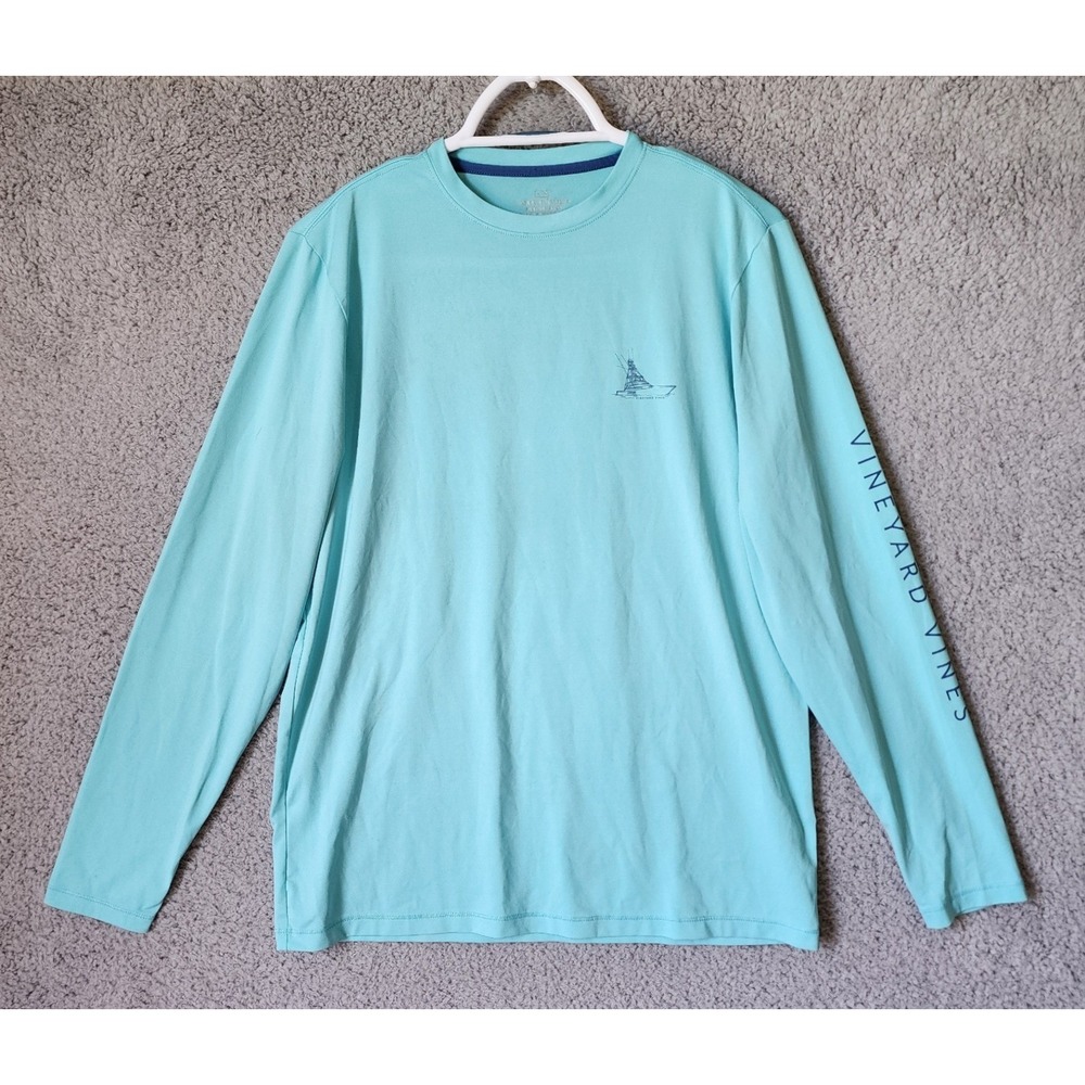 Vineyard Vines Performance Shirt Youth XL (18) Blue Long Sleeve Fishing Boat